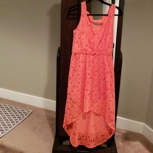 Coral Lace High-Low Dress with Keyhole Back